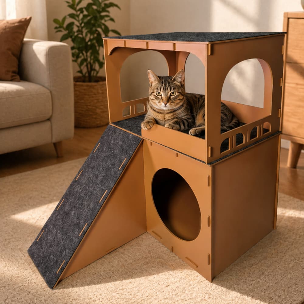 Casinha Toca Para Gato Mdf Dois Andares - Cor Caramelo