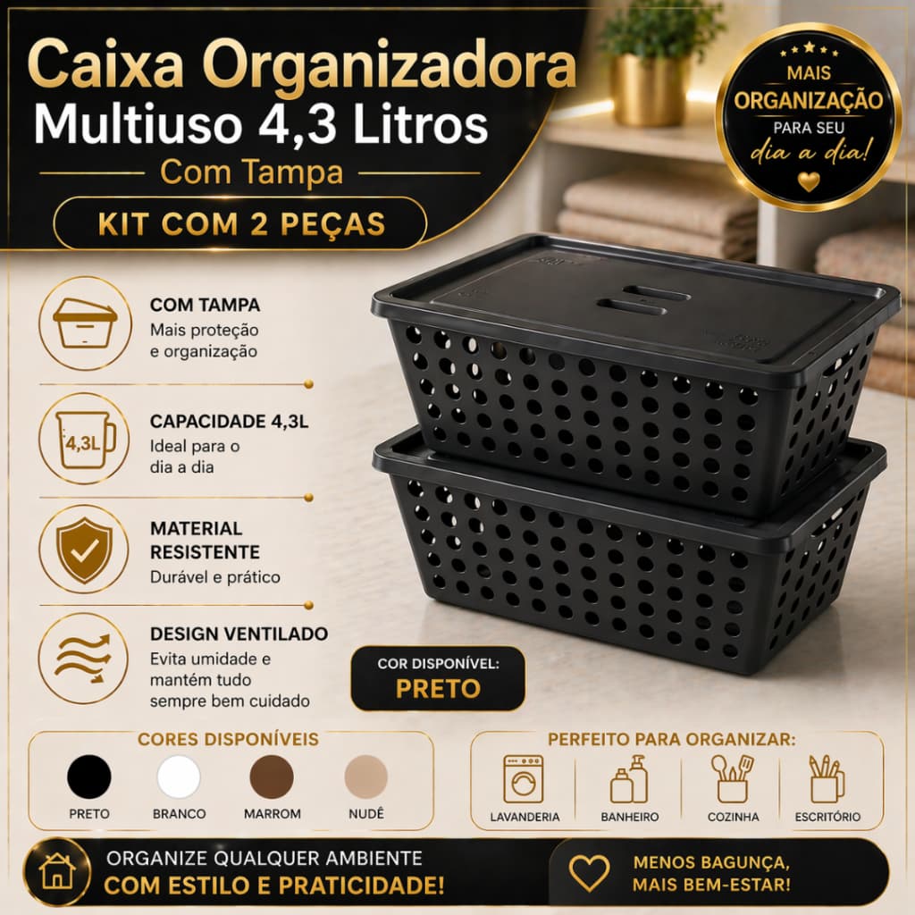 Kit Organizador Multiuso 2 Cestinha Com Tampa Para Lavanderia Armario Banheiro Cesto Organizador Plástico
