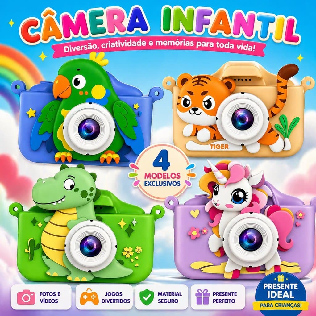 Câmera Infantil Digital Com Tela Fotos Vídeos Jogos Brinquedo Educativo Presente