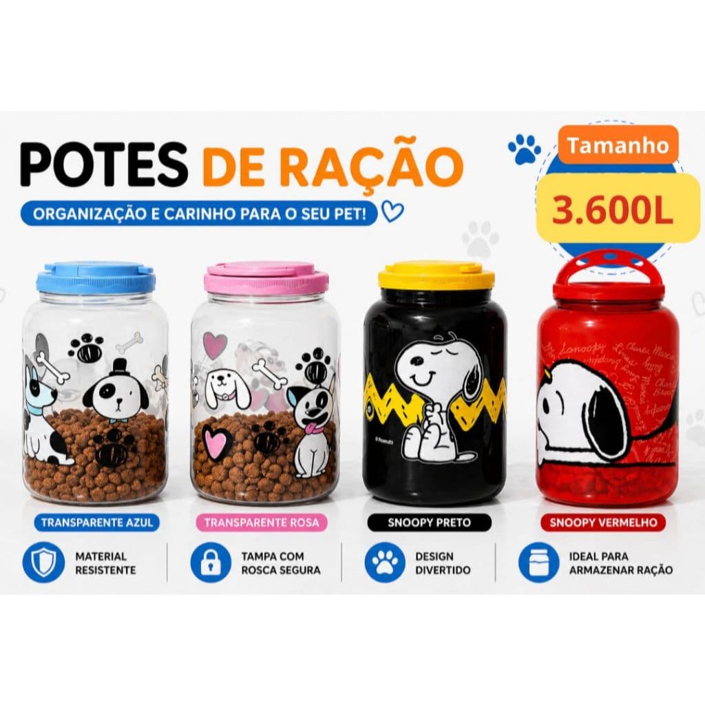 Pote Porta Ração Cachorro Gato Organizador Pet 3,6 ou 1,7 Litros Com Alça Free BPA