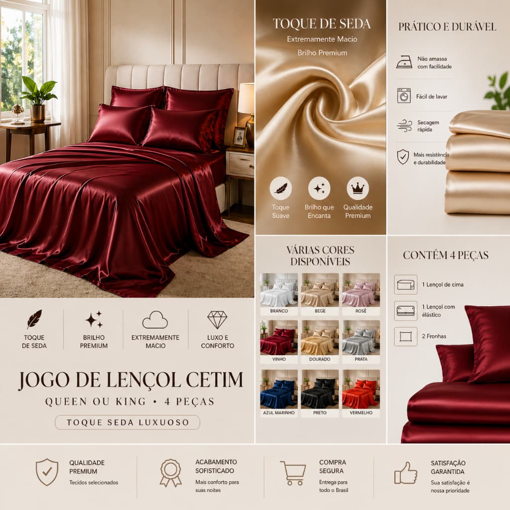 Jogo de Cama 4 Peças Cetim Nobre Charmouse Casal Queen King Lençol Com Elástico e Forro de cobrir