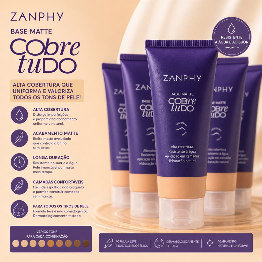 Base Líquida Matte Alta Cobertura Zanphy Longa Duração À Prova d'Água 6 Tons Oil-Free Pele Uniforme