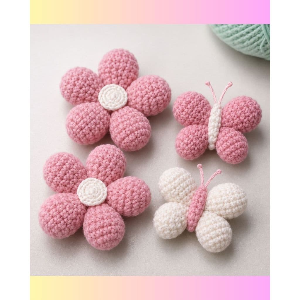 Kit Flores + Borboletas de Crochê Amigurumi | Kit com 4 - Aplique Decorativo +BRINDE SURPRESA