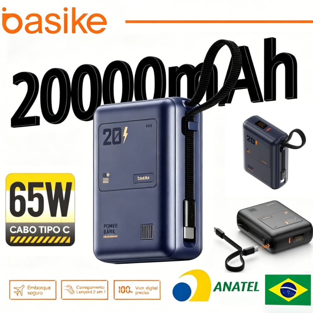 Basike Carregador portátil Power Bank 20000mah PD 65W Carregamento rápido