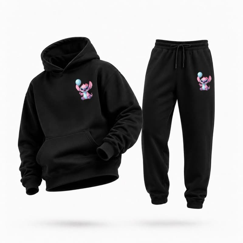 Conjunto Moletom Stitch Rosa Feminino Flanelado | Moletom Canguru + Calça Preta | Roupa de Frio Tumblr Unissex