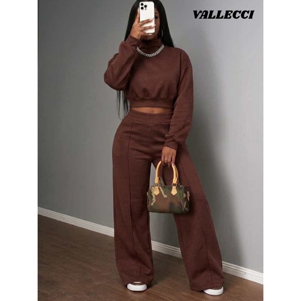 Conjunto de Frio Feminino Moletom Cropped Gola Alta Calça Reta Confortável Bloguerinha Inverno(G1G2)