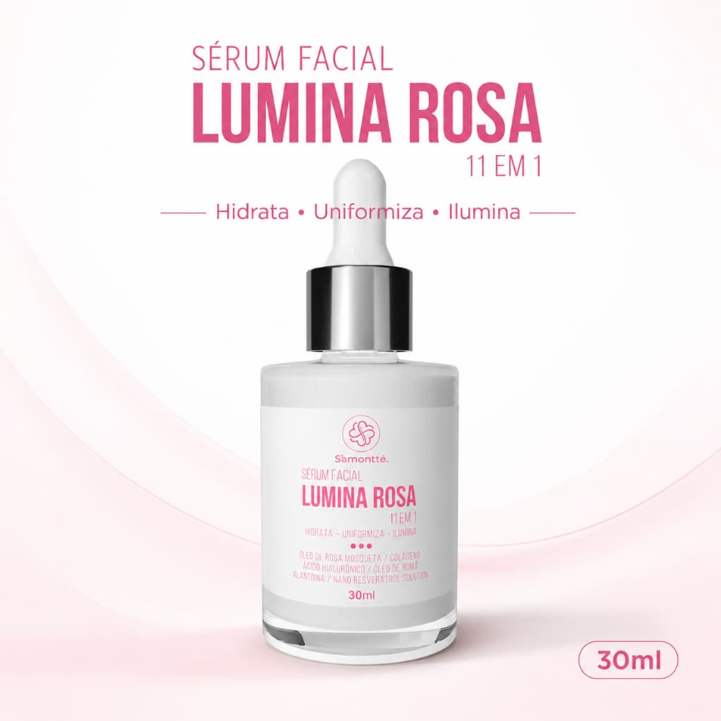 Sérum Facial Lumina Rosa S’amontté 11 em 1 30ml Hidratante Clareador Uniformiza Ilumina Anti Idade Pele Macia Uso Diário