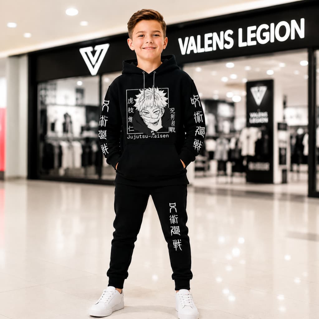 Conjunto Moletom Infantil Jujutsu Kaisen Anime Flanelado Casaco Calça Menino Menina Sukuna Itadori Roupa Frio Inverno