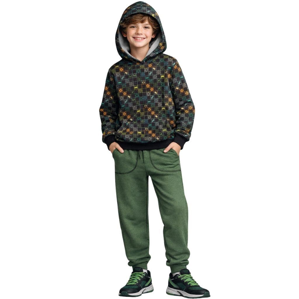 Conjunto de Moletom Infantil Masculino Roupa de Frio de Menino Casaco com Capuz e Calça de Moletom Flanelada