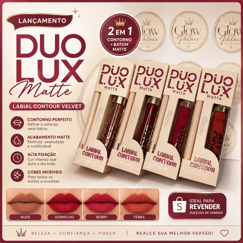 ✨ DUO LUX Matte Febella Original – Kit Labial Contorno Velvet 2 em 1 | Batom Líquido Matte + Lápis Contorno Profissional