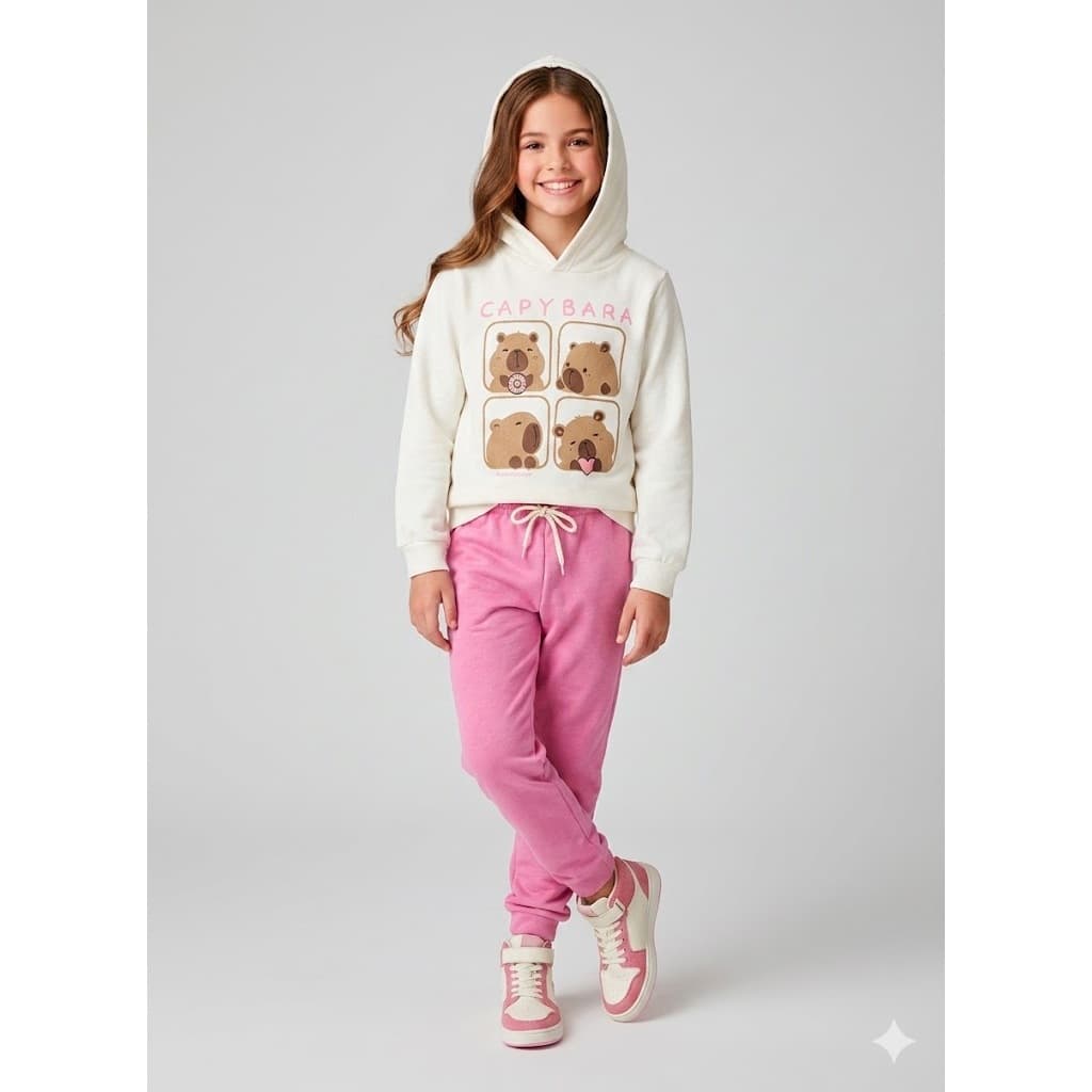 Conjunto Infantil Inverno Menina Moletom Com Capuz + Calça Moletom Com Elástico Estiloso L80