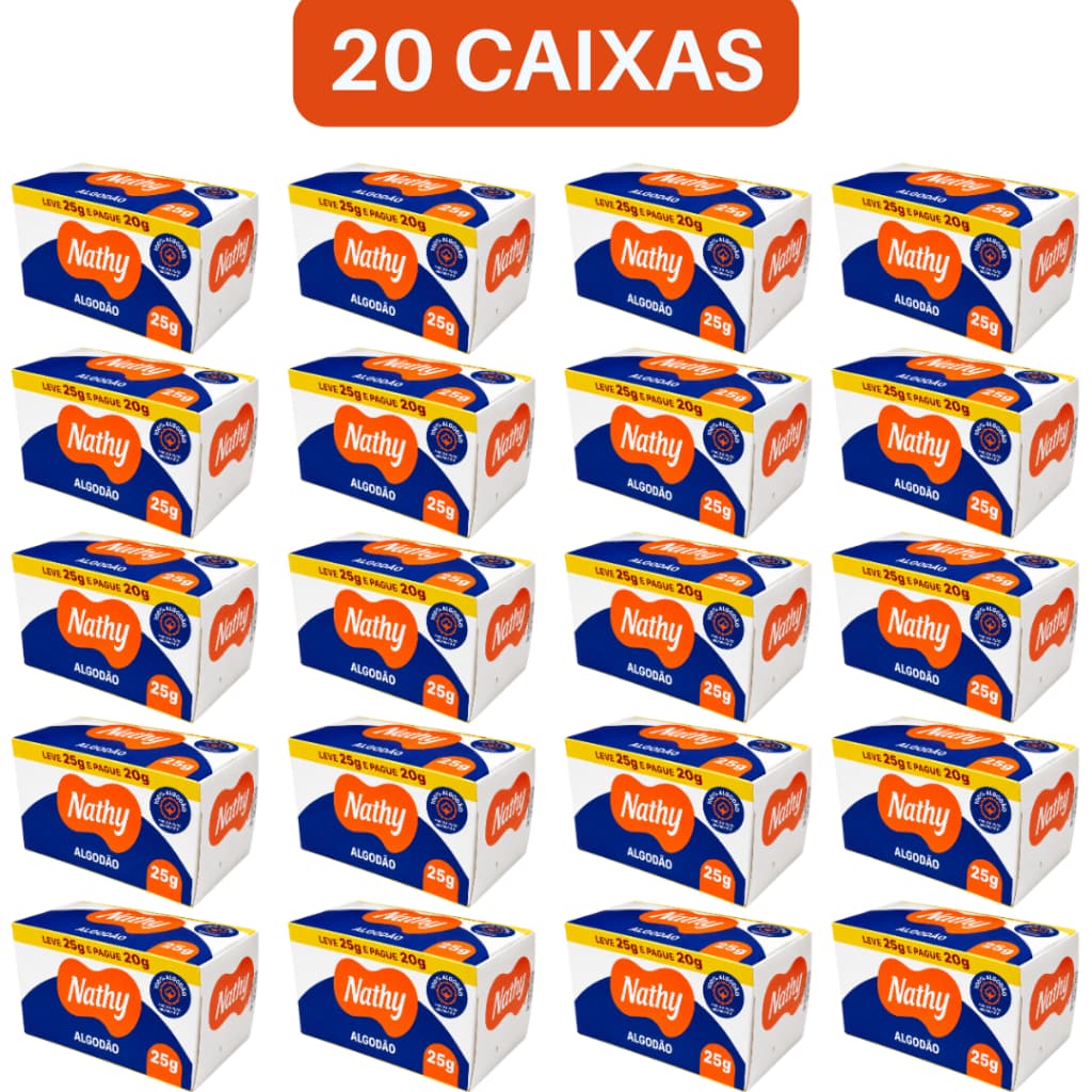 Algodão Hidrófilo 100% Puro 25gr Kit 20cxs Nathy Macio e Absorvente para Cuidados Diários