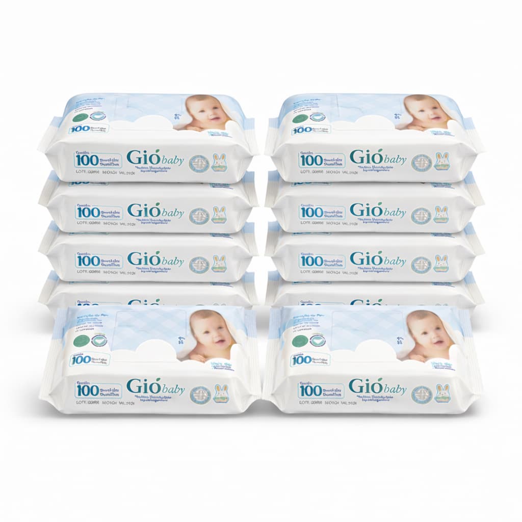 Kit 10 Pacotes de Toalhas Umedecidas Gió Baby 100 Folhas 98% Água Lenço Umedecido