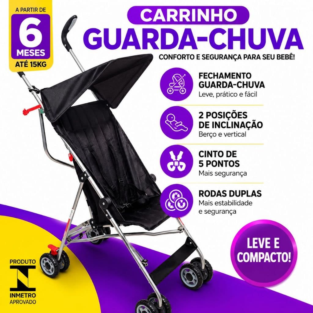 Carrinho de Bebê Passeio Guarda Chuva Pocket 15Kg Infantil 2 Inclinações Confortável e Seguro Estrutura de Ferro