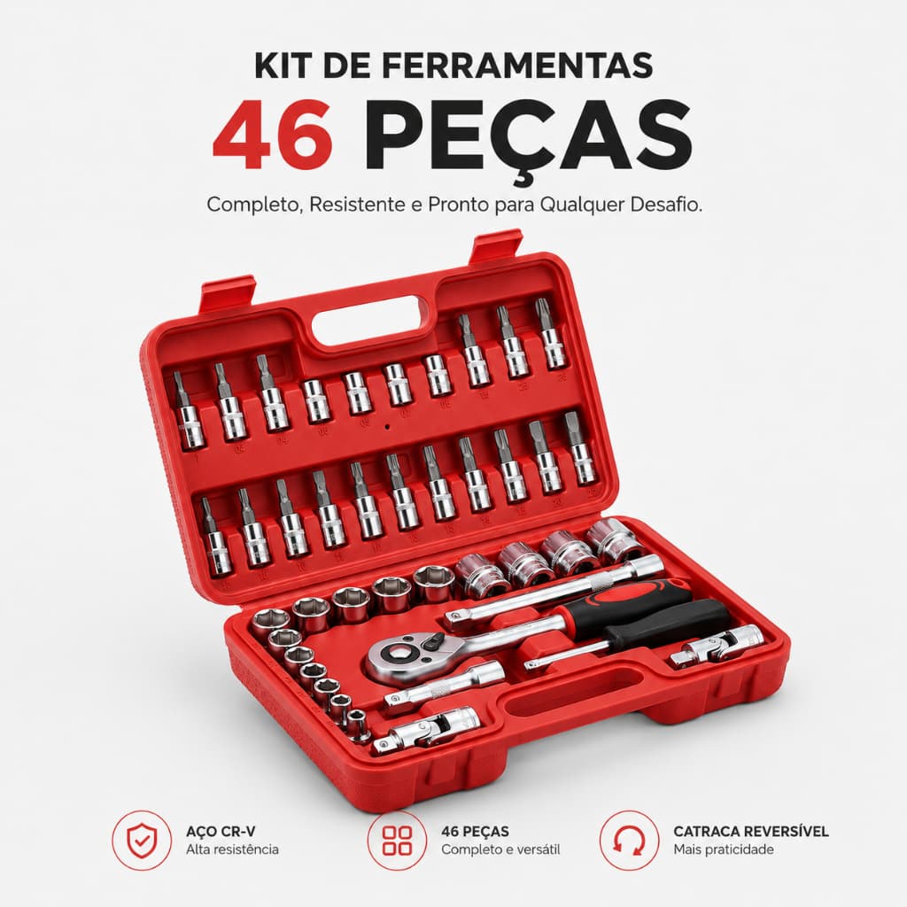 Kit Ferramentas 46 Peças Jogo de Soquetes Chave Catraca Reversível 1/4 Aço Cr-V com Maleta Completo