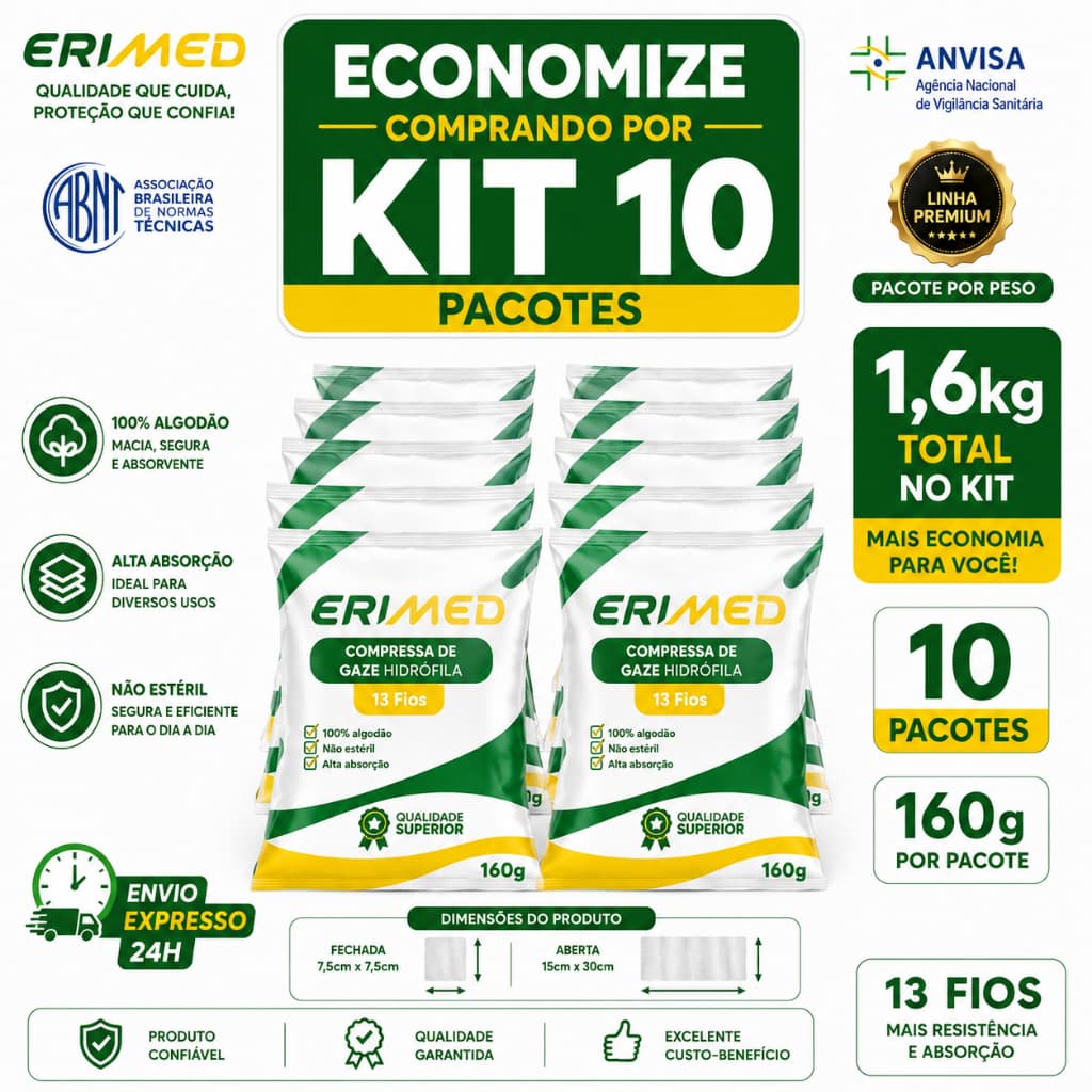 Kit 10 Compressa De Gaze 13 Fios Pacote 160 Gramas Hidrófila Gazes Descartável Anvisa 1600 Gramas