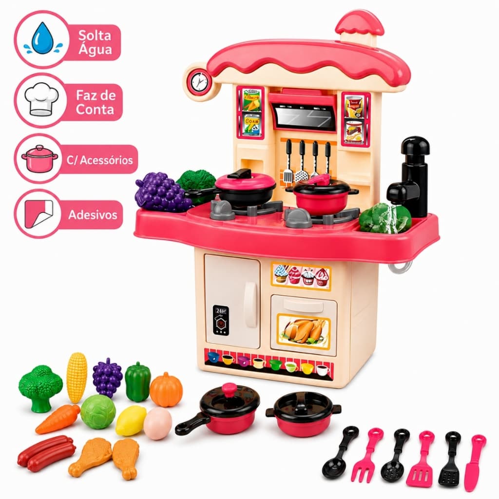 Cozinha de Brinquedo Infantil Completa Rosa Educativo Panelinha