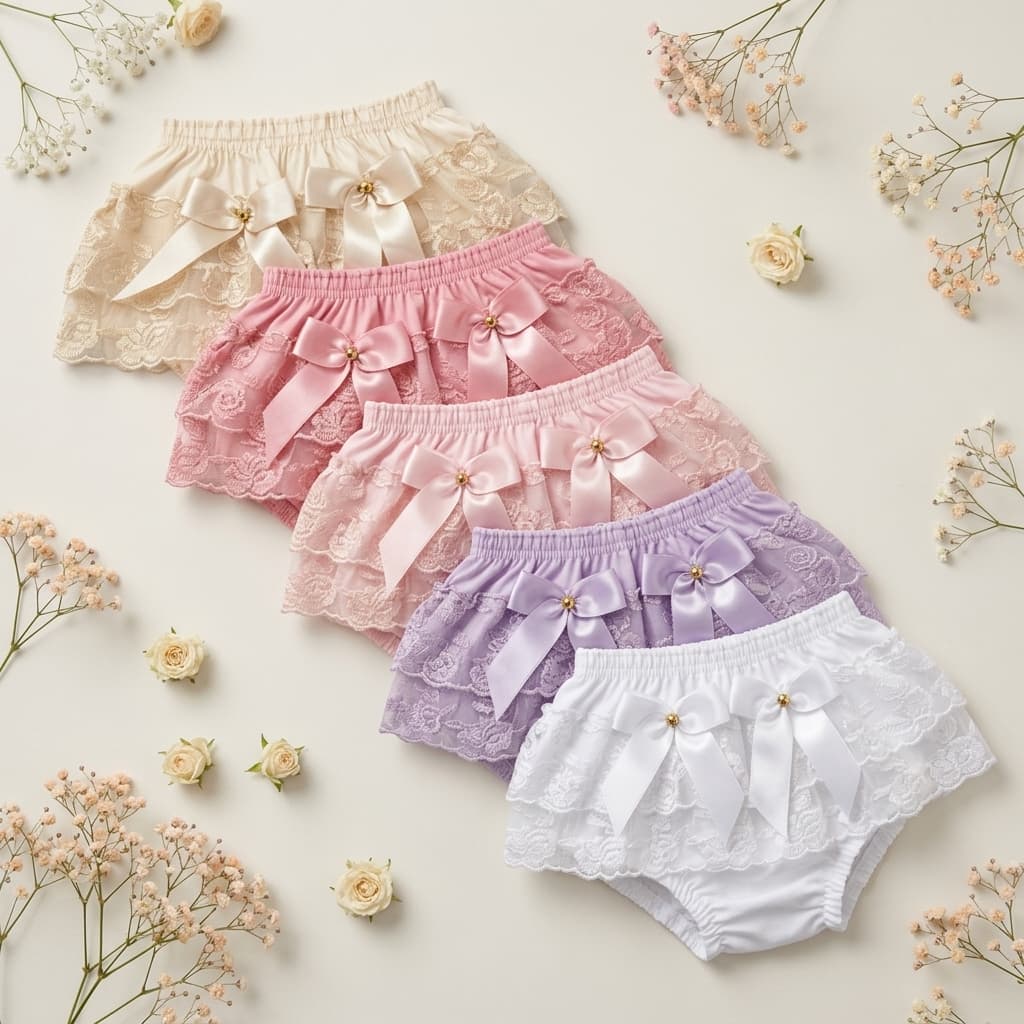 Kit 5 Calcinha Tapa Fralda Infantil com Renda Sobreposta e Laço Acetinado