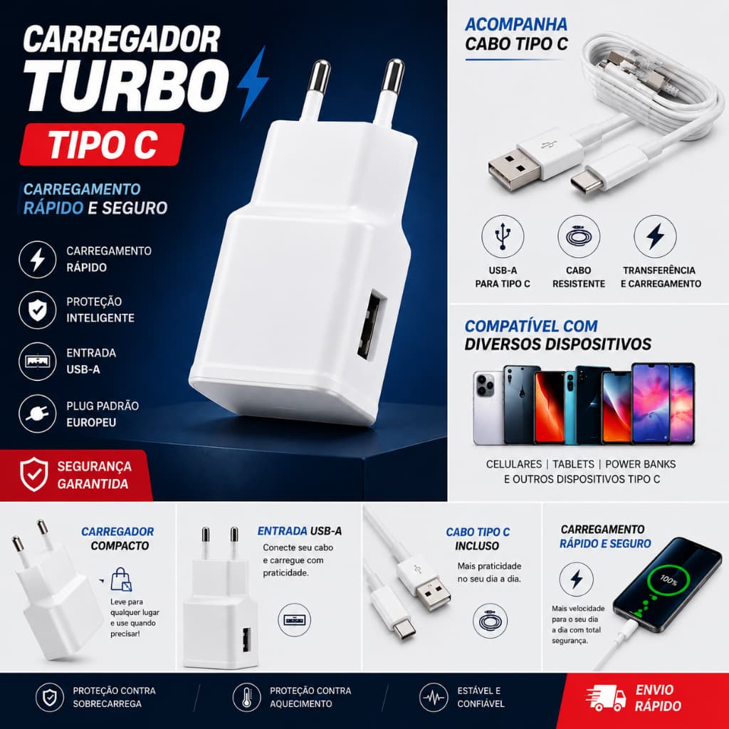 Carregador Turbo Tipo C Fast Charge para Samsung Galaxy S20 S21 S22 A30 A31 A32 A50 A51