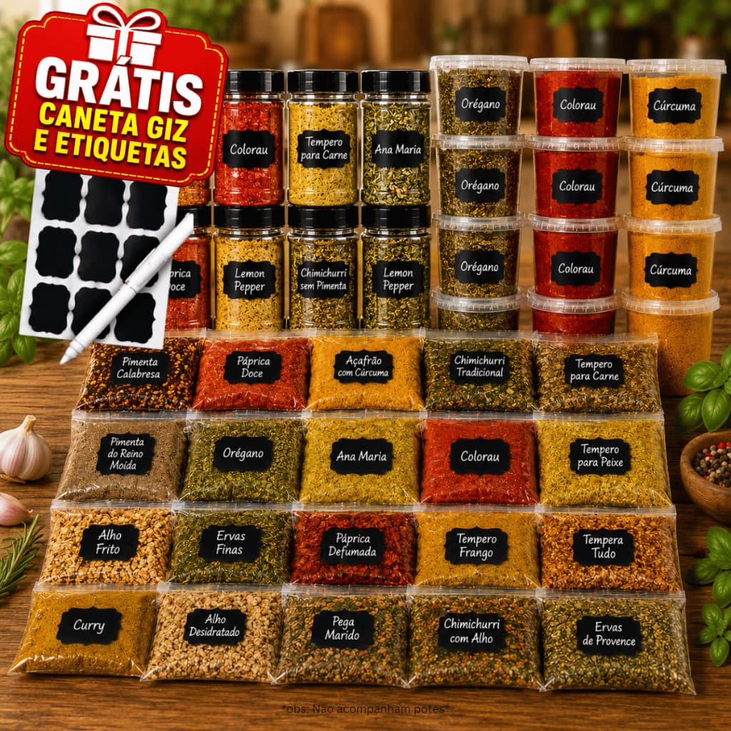 Kit 20 Temperos Naturais Sem Conservantes Para Cozinha – Especiarias Artesanais Condimentos + Etiquetas e Caneta Giz