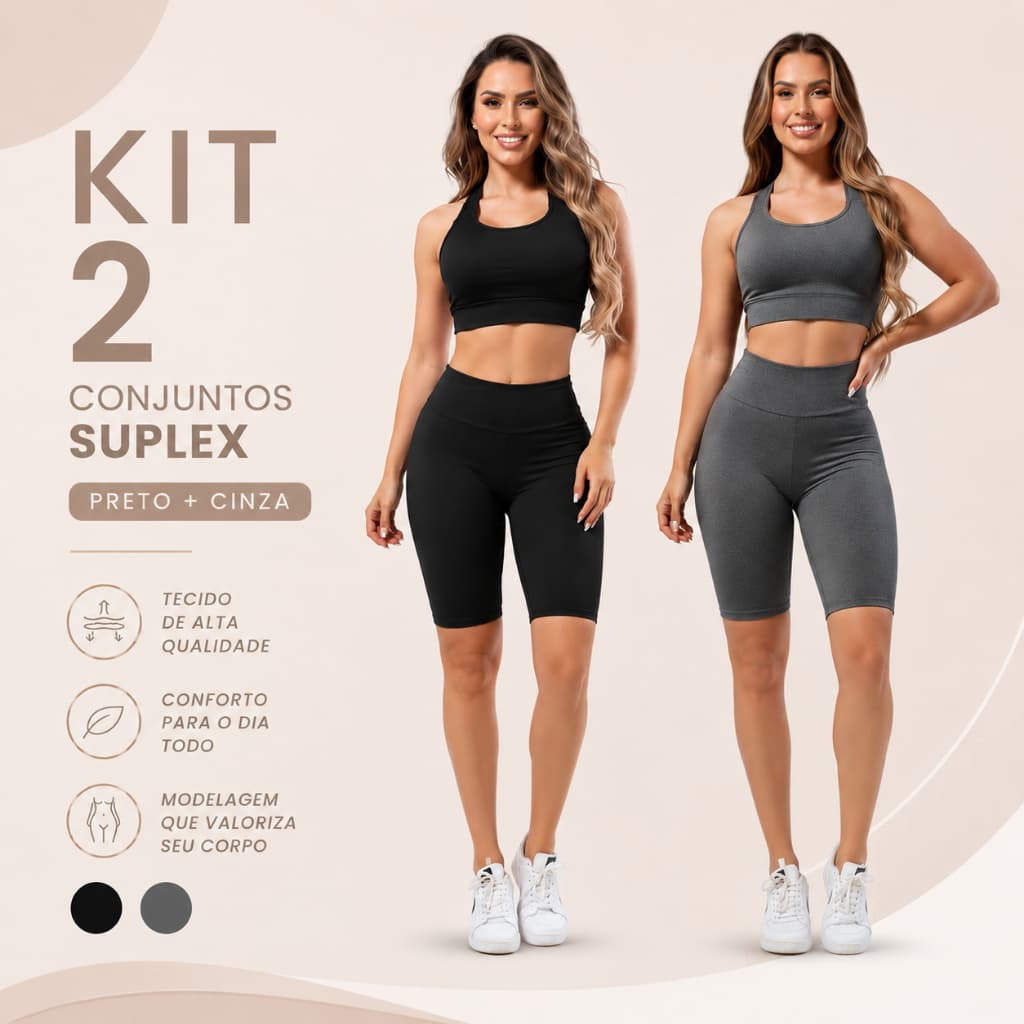 Kit 2 Conjuntos Fitness Feminino Top com Bermuda Ciclista Roupas De Academia Ginástica Suplex  A09
