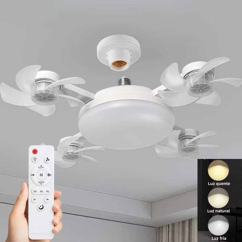 Ventilador De Teto Luminaria Bivolt Controle Remoto Lampada Led 60W Silenciosa 4 Turbinas