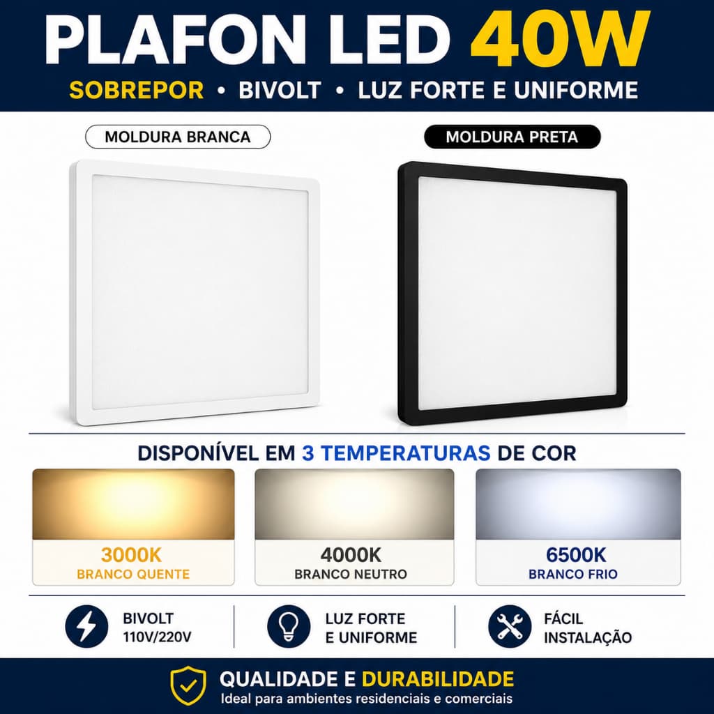 Luminária Plafon LED 40W Quadrado Sobrepor Bivolt para Teto Sala Quarto Cozinha Escritório