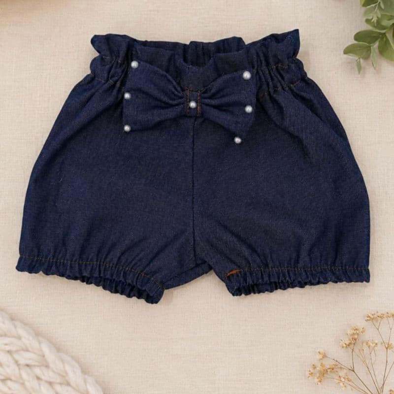 Short bebê menina imita jeans com laço infantil cintura alta - Roupa estilosa e confortável 3 meses a 2 anos