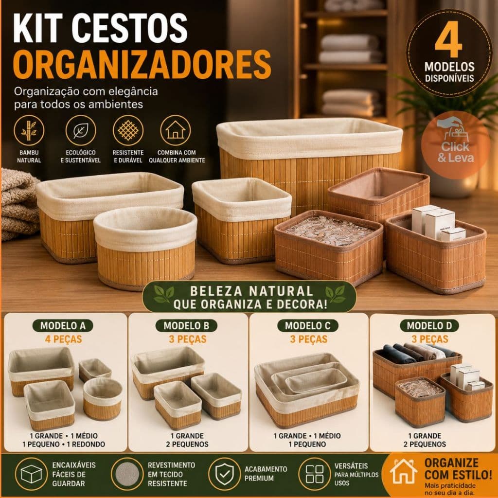 Kit Cestos Organizadores Bambu Multiuso Jogo Cesto 3 Ou 4 Peças Forrado Lavabo Banheiro Quarto Closet Luxo Decoração