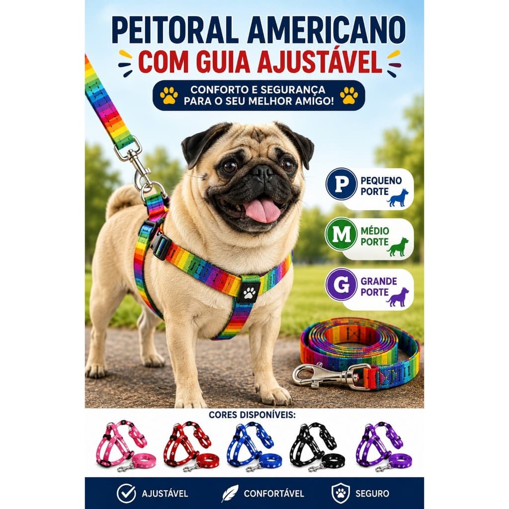 Peitoral Americano Cachorro Com Guia Ajustável Coleira Peitoral Pet
