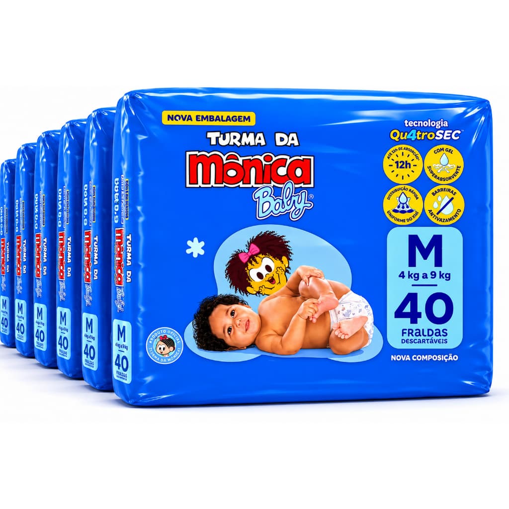 Fraldas Descartáveis Turma da Mônica Baby M (4 Kg a 9 Kg) Kit 6 Pacotes com 40 Fraldas cada
