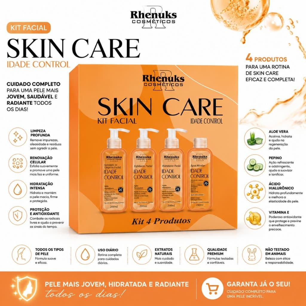 Kit Skincare Controle de idade  Anti idade Clareador Limpeza Facial Rhenuks 4 Itens