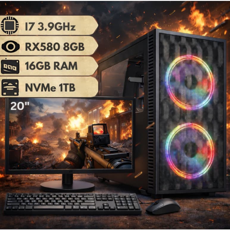 Computador Gamer Intel Core i7 Placa de Vídeo RX580 8GB NVMe 1TB e 16GB RAM C/ Monitor 20"