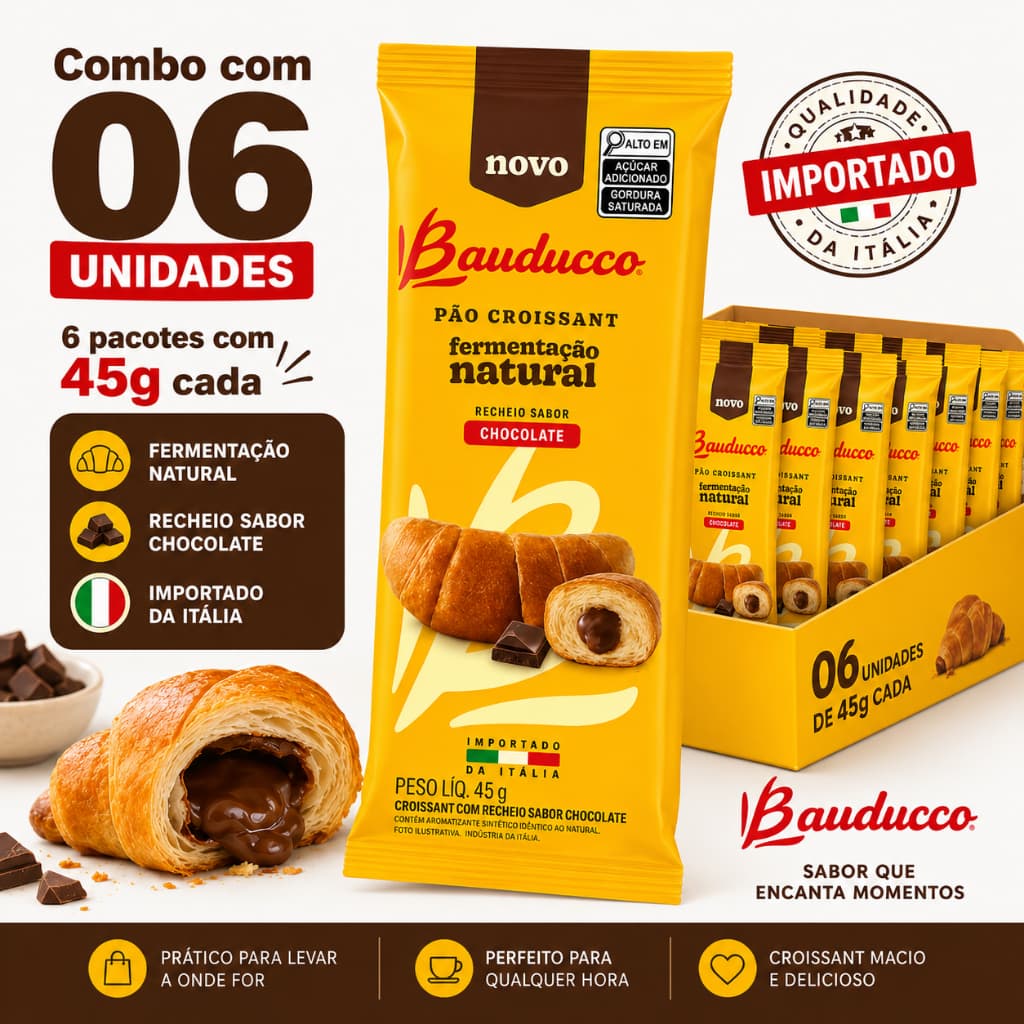 Combo 6 Croissant Bauducco Chocolate 45g Importado da Itália Fermentação Natural