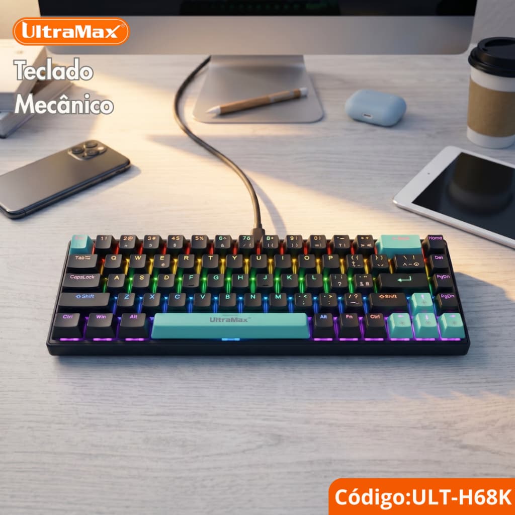 Teclado Mecânico Gamer UltraMax ULT-H68K RGB Compacto 65% ABNT2