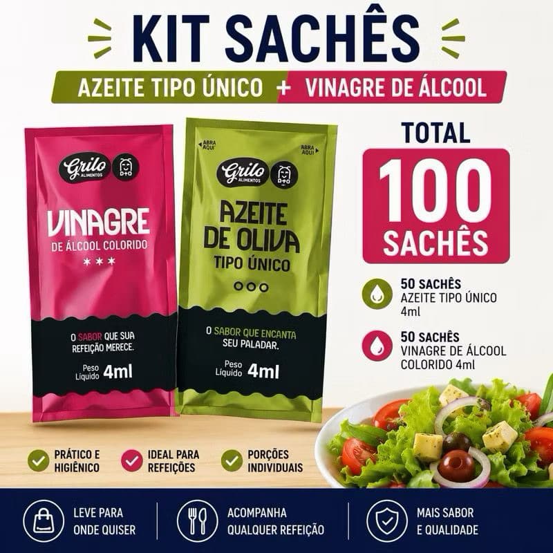 Kit Sachês Azeite de Oliva + Vinagre de alcool 50 sachês de cada.