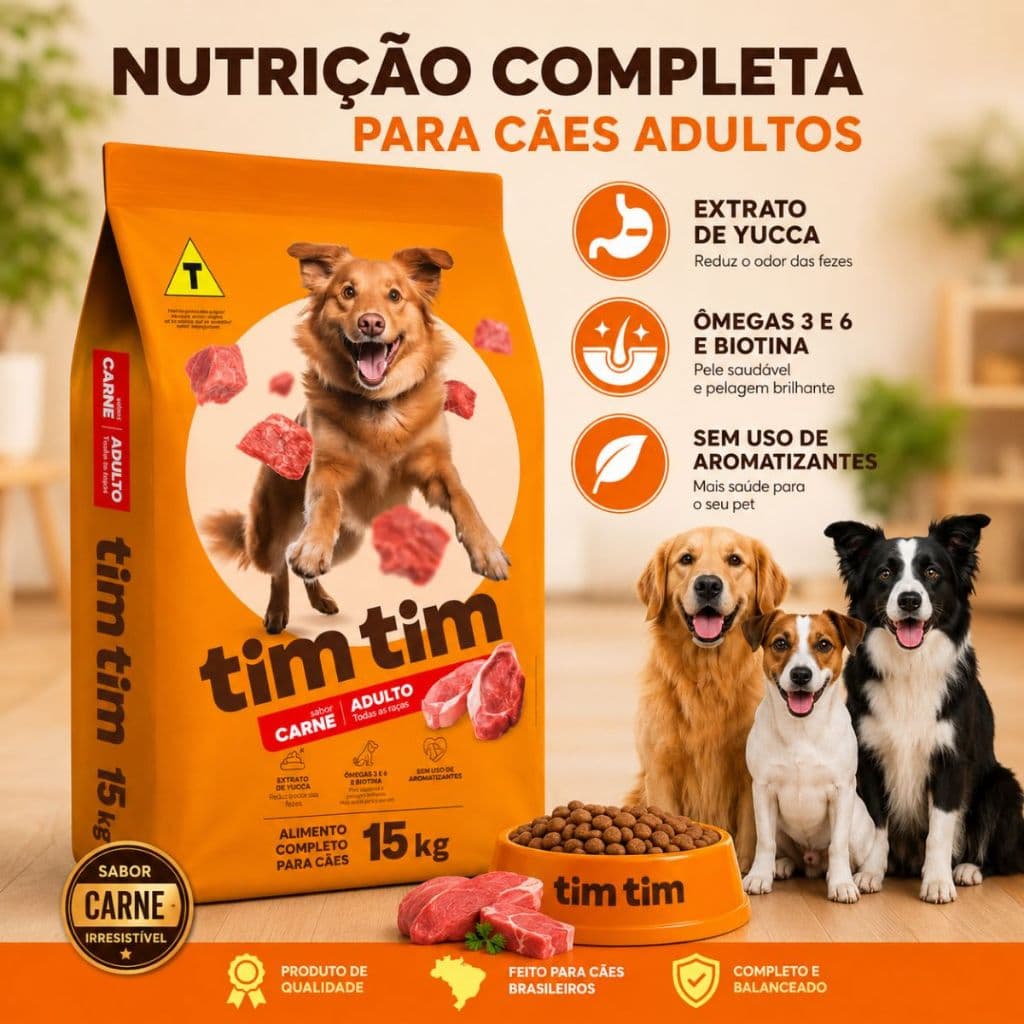 Ração Para Cachorro Tim Tim Dog Adulto 15kg Sabor Carne Todas As Raças Nutrição Completa