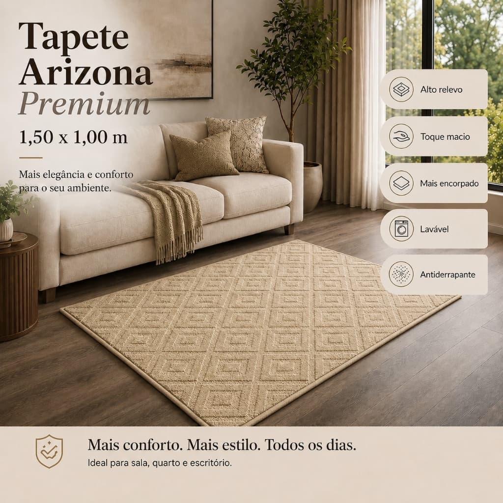 Tapete Sala Bege 1,50X1,00 Geométrico Alto Relevo Premium Macio Antiderrapante Quarto Escritório
