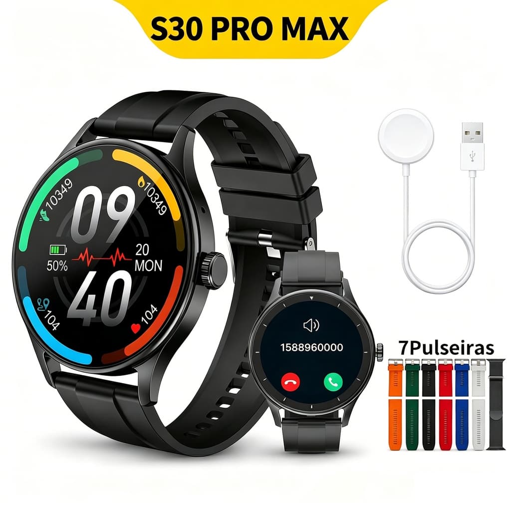 Novo Smartwatch S30ProMax Relógio Inteligente 7 Em 1Alças Chamada NFC e monitor de frequência cardíaca.Tela AMOLED 1.41″
