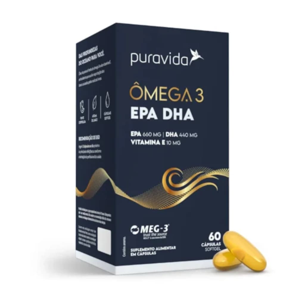 Puravida Ômega 3 EPA DHA com Vitamina E 60 Cápsulas 1411mg de Ômega 3 com Selo MEG-3 Suplemento