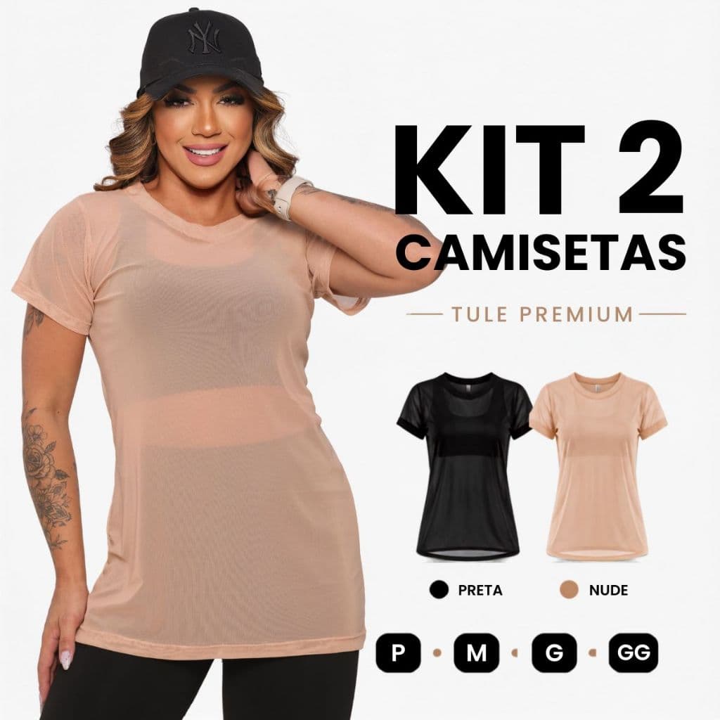 Kit 2 Blusa feminina de tule transparente academia fitness, camisão fitness