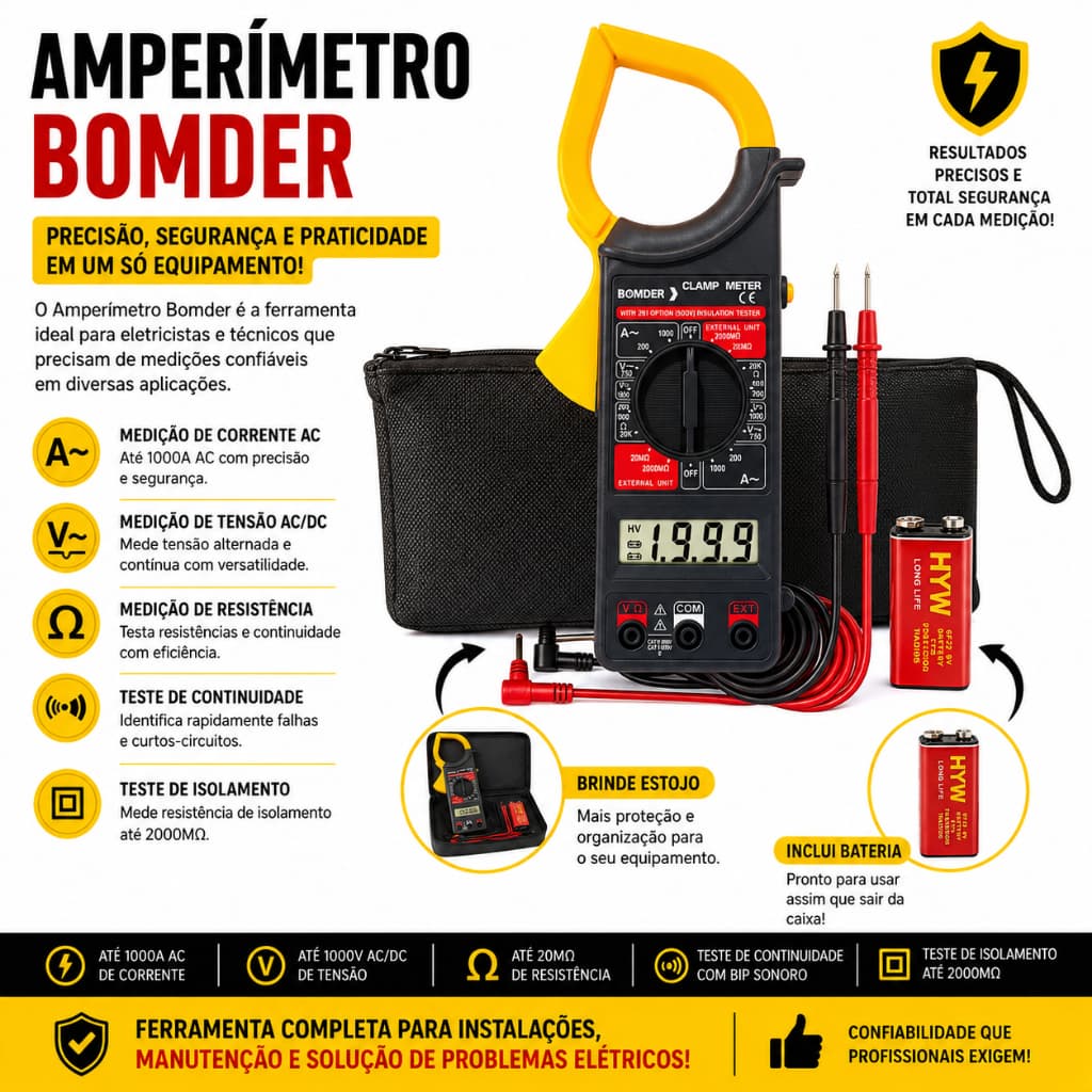 Alicate Amperímetro Digital Portátil Voltímetro Eletricista Profissional Bateria Estojo Ponta Prova