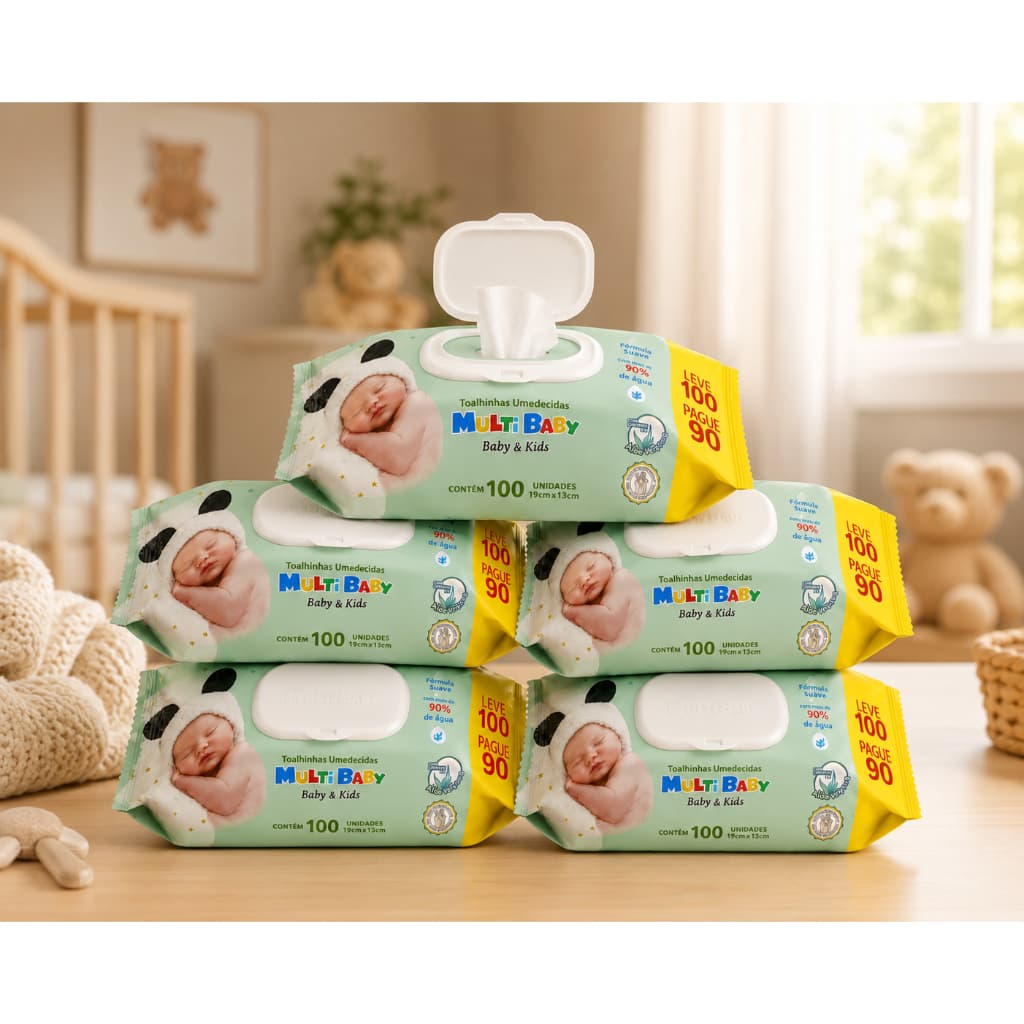 kit com 5 unidades lenço umedecido bebê Baby Kids Multi Baby 100 unidades tecido mais grosso