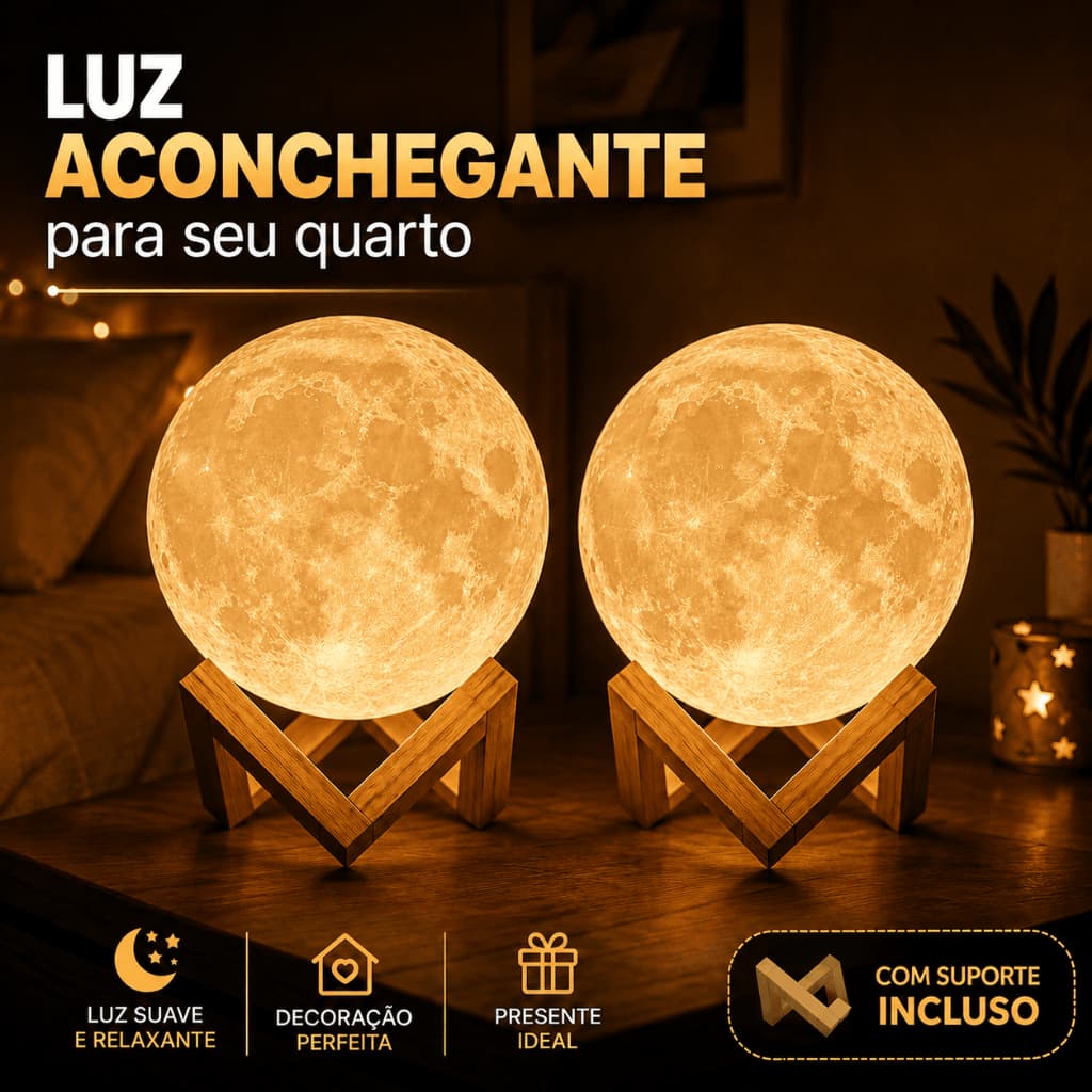 Luminária Lua Cheia 3D LED Abajur Decoração Quarto Sala Presente Sem Fio Suporte Baterias Inclusas