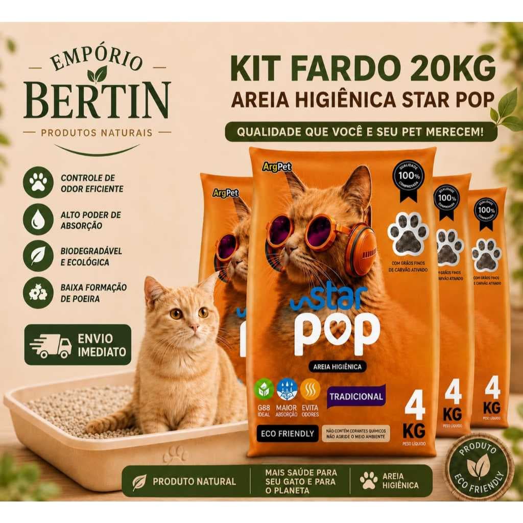 Areia Sanitária Higiênica STAR POP - kit 5 pct - 20kg -Tradicional de argila absorvente e ecológica para gatos.