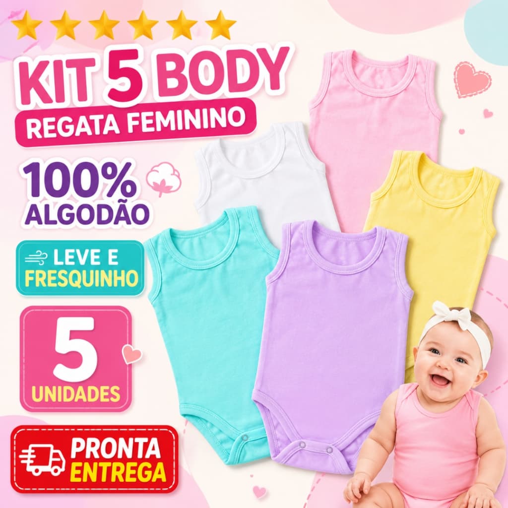 Kit 5 Body Bebê Menina Regata 100% Algodão