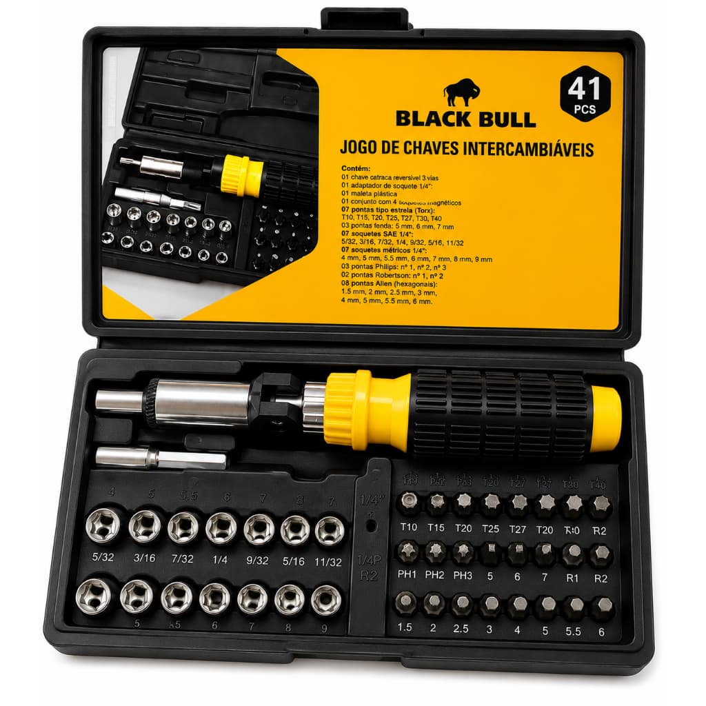 Kit Ferramentas Completo 41 Peças para Todo Tipo de Reparo, Estojo Resistente Intercambiáveis e Soquetes