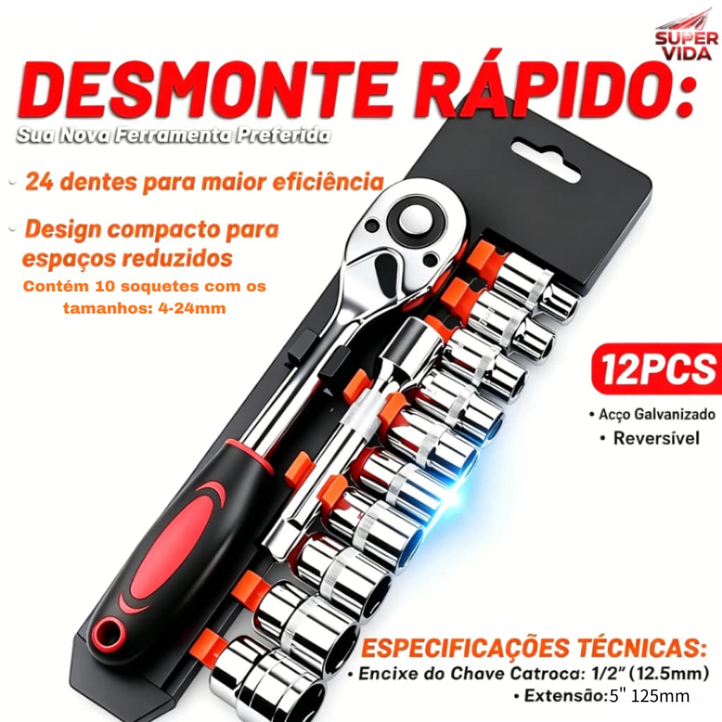 Jogo de Soquetes Sextavado e Chave Catraca 12 Peças 1/2"1/4" 4-24mm CRV 35K aço carbono com Extensão
