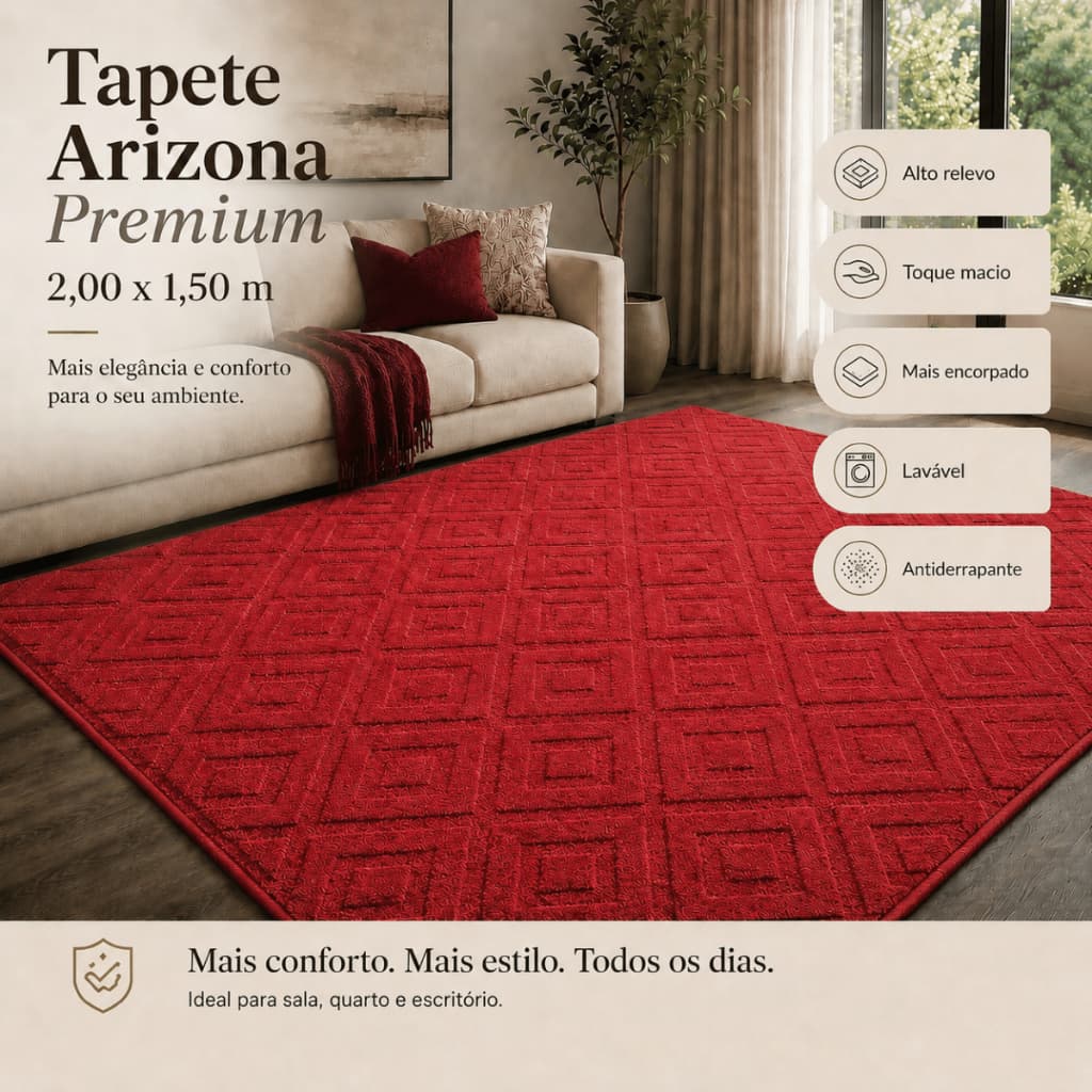 Tapete Sala 2,00x1,50 Geométrico Alto Relevo Premium Macio Antiderrapante Quarto Escritório Vermelho