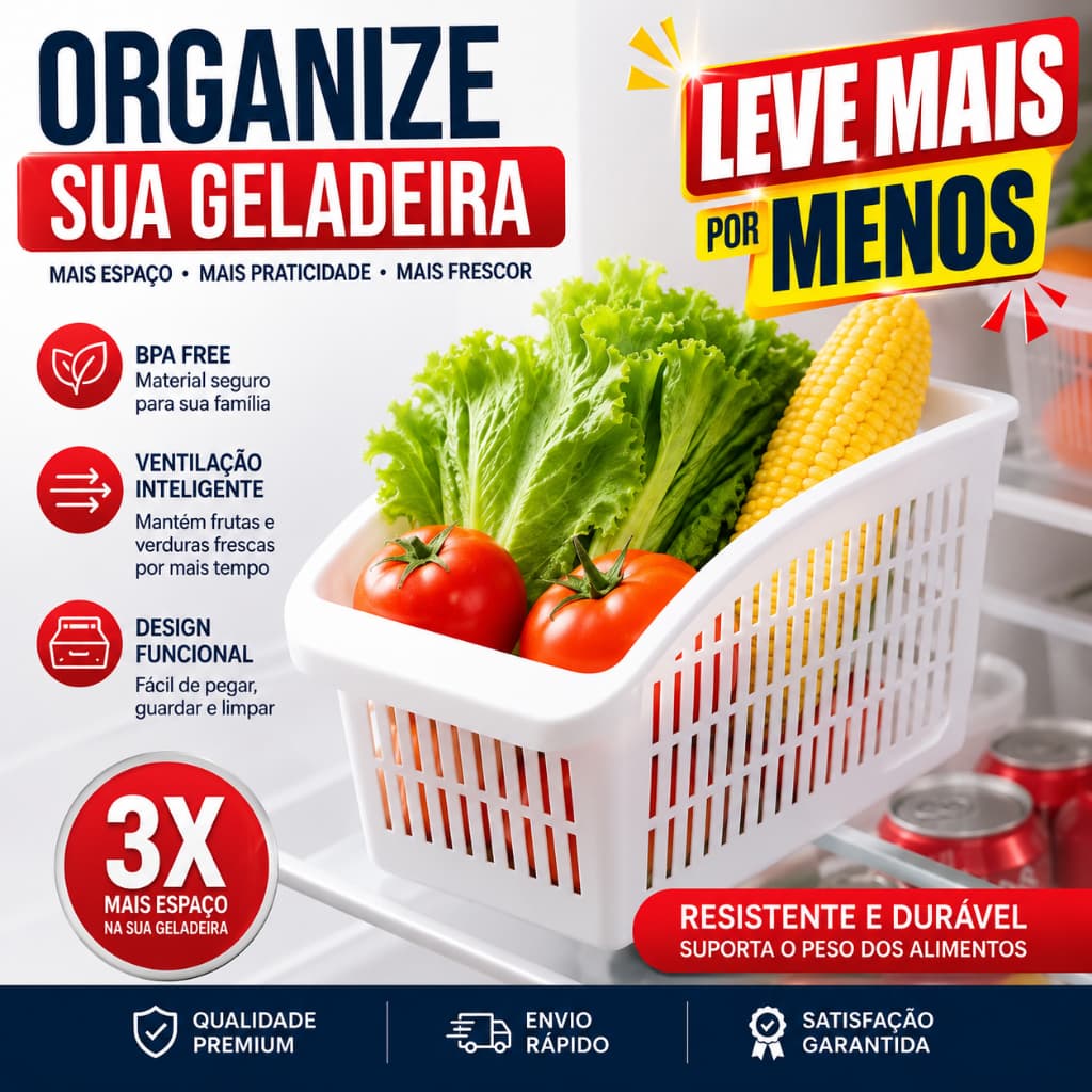 Cesto Organizador de Geladeira P/ Frutas Legumes Verduras - Organizadores Multiuso P/ Armário de Cozinha